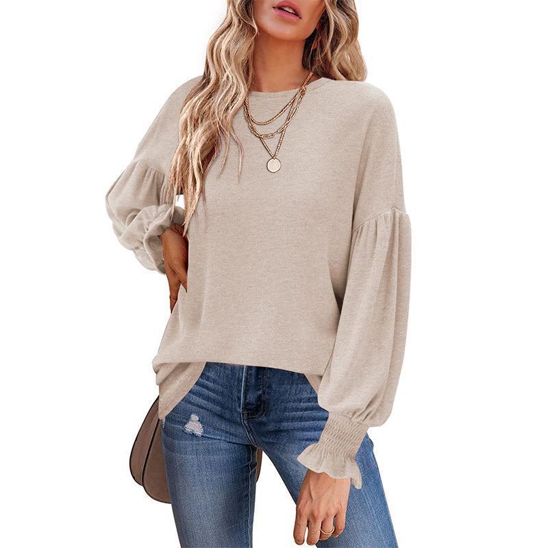 Damen lässiger Pullover mit Ballonärmeln und raffiniertem Saum EB