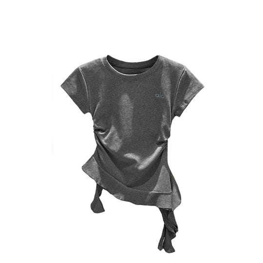 Damen nan kurzärmeliges Baumwoll-T-Shirt mit seitlicher Knotenraffung und Logostickerei EB