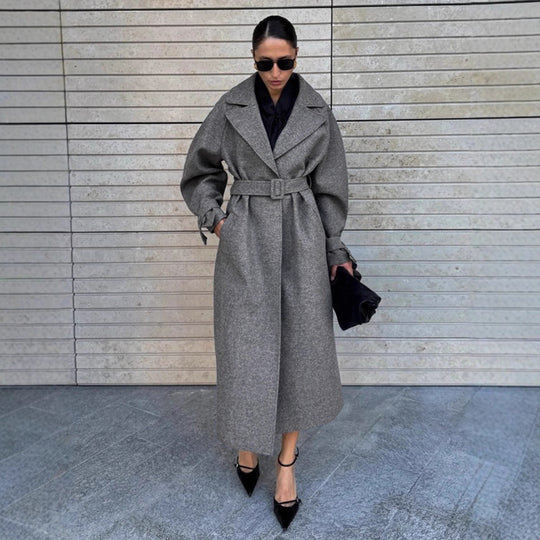 Damen Eleganter, taillierter Wollmantel mit Gürtel EB