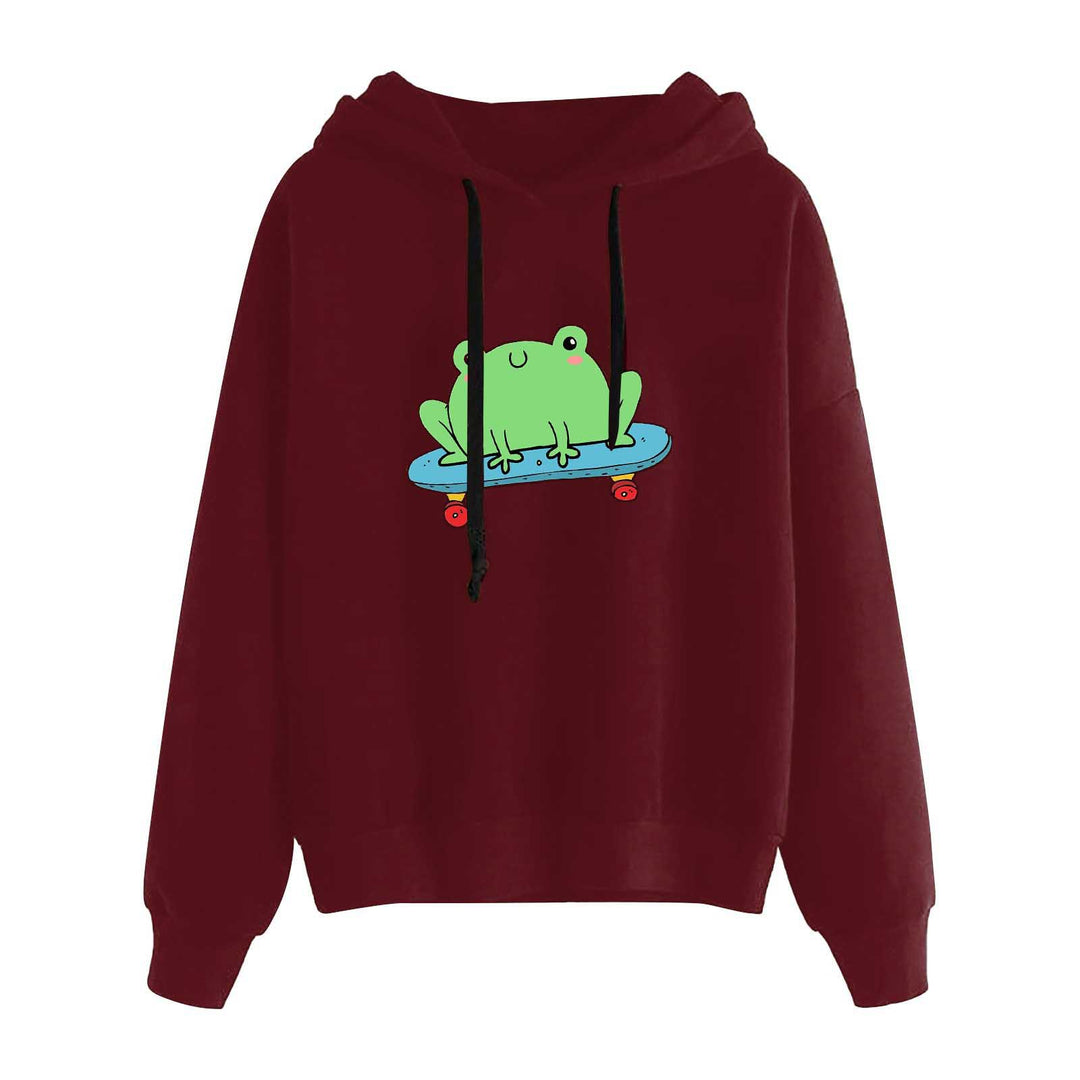 Damen nan kurz geschnittener Cropped-Kapuzenpullover mit niedlicher Frosch-Illustration und verstellbarer Kapuze EB