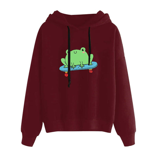 Damen nan kurz geschnittener Cropped-Kapuzenpullover mit niedlicher Frosch-Illustration und verstellbarer Kapuze EB