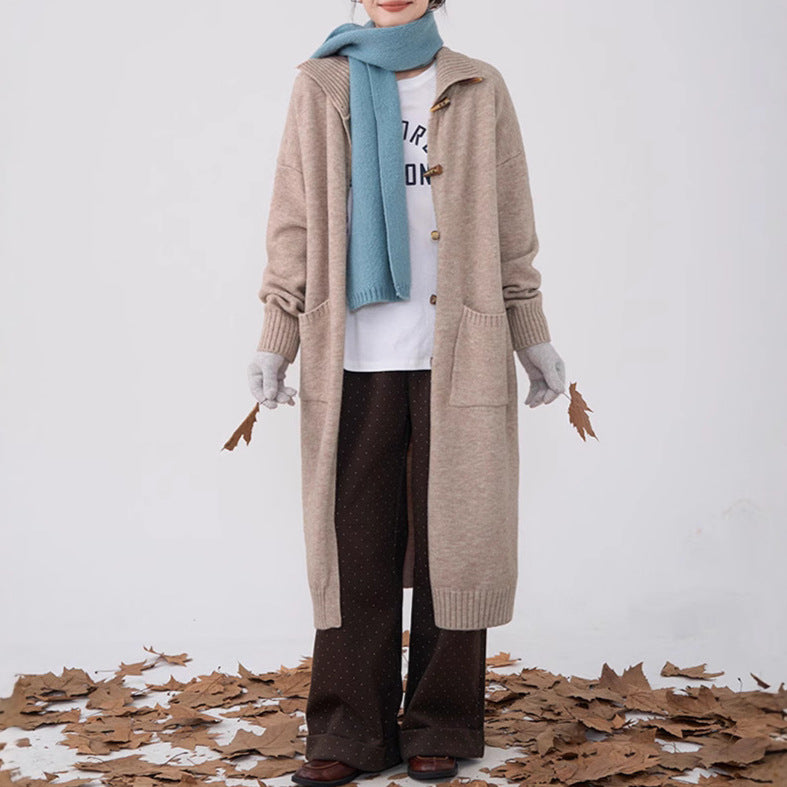 Damen langer Strickmantel mit Knöpfen und praktischen Taschen EB