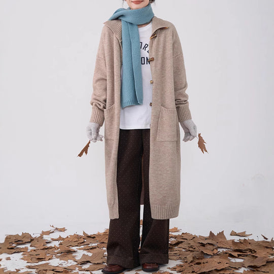 Damen langer Strickmantel mit Knöpfen und praktischen Taschen EB