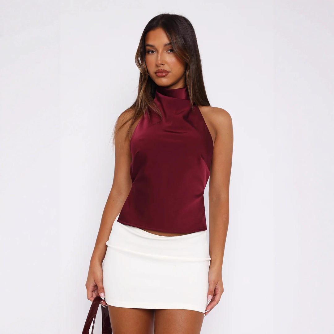 Damen Elegantes Hochgeschlossenes Top aus Satin EB