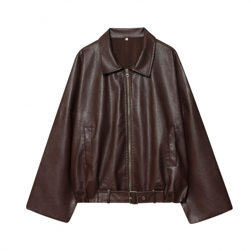 Damen modische Kunstlederjacke mit breiten Ärmeln und praktischen Taschen EB