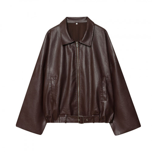 Damen modische Kunstlederjacke mit breiten Ärmeln und praktischen Taschen EB