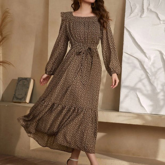 Damen Maxikleid im Boho-Stil mit weitem Rock und Taillengürtel EB