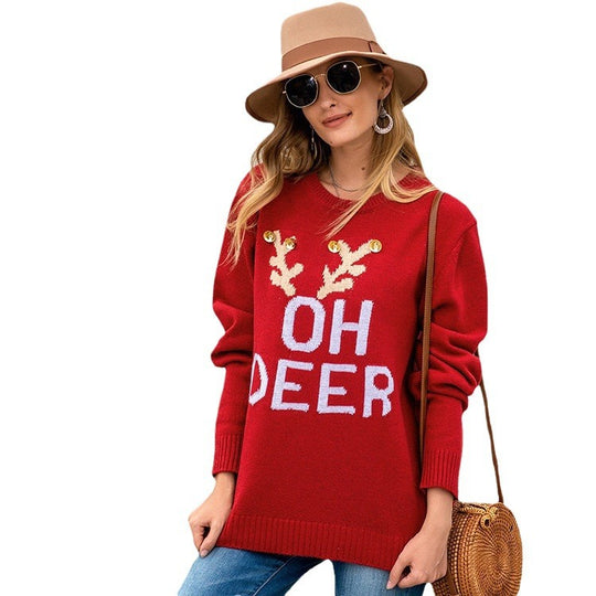 Damen Großer Strickpullover mit festlichem Motiv EB