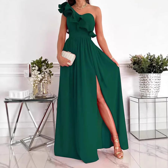 Damen Maxikleid mit asymmetrischem Schnitt und voluminösem Rüschendetail EB