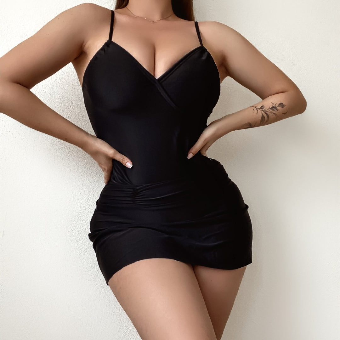 Damen Eleganter Wickel-Badeanzug mit hüftbedeckendem Rock EB
