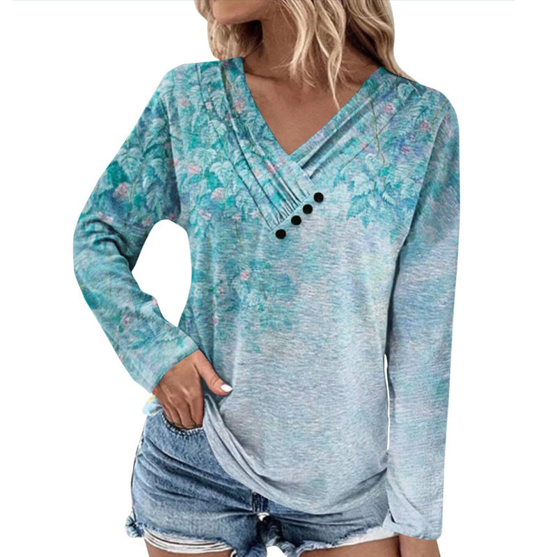 Damen Gerippter V-Ausschnitt Pullover mit Farbverlauf, Zierknöpfen und legerer Passform EB