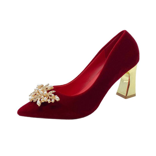 Damen elegante Velours-Pumps mit luxuriösem Perlen-Schmuckdetail EB