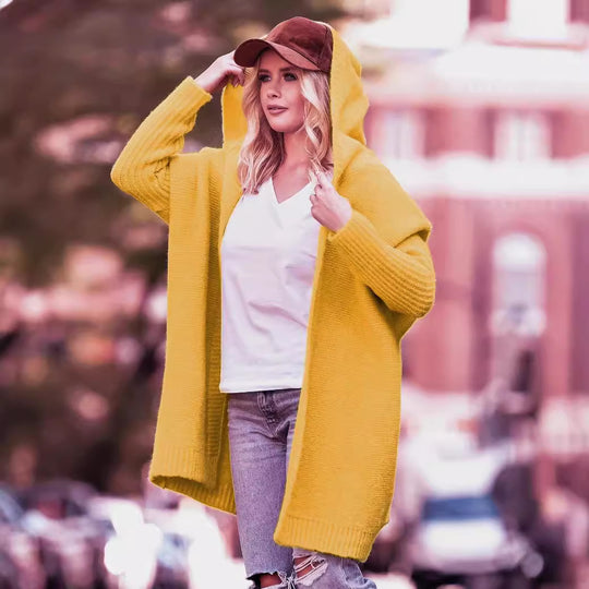 Damen lässiger Strickcardigan mit Kapuze und weiten Ärmeln EB