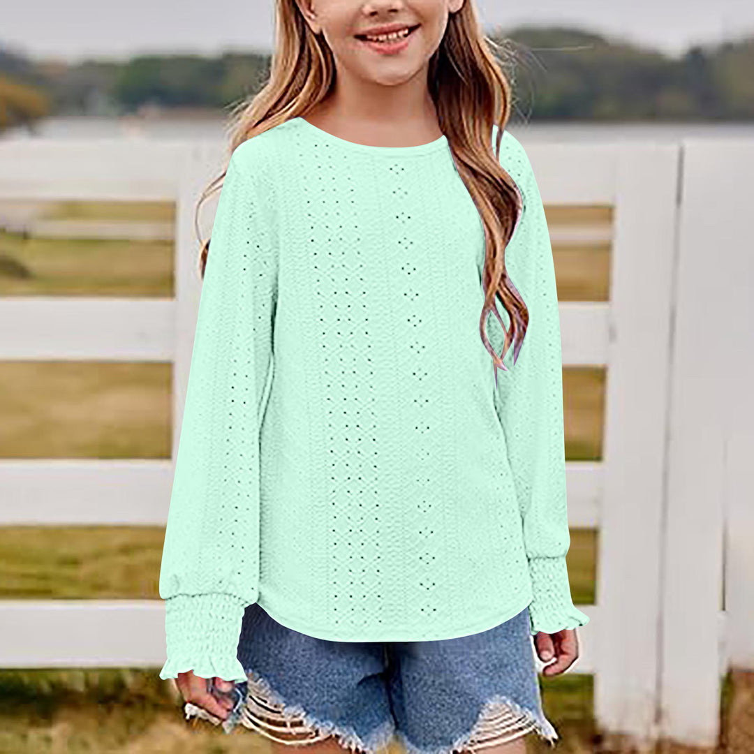 Damen Ajourgestricktes Oversize-Pullover-Shirt mit Ballonärmeln und Rüschenbündchen EB