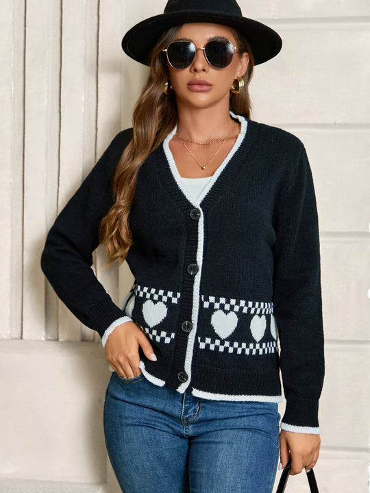 Damen Cardigan mit Herzmuster und kontrastierenden Details EB
