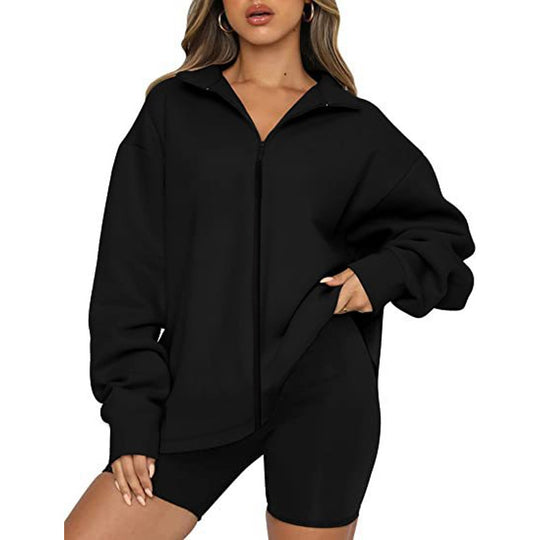 Damen Oversized Sweatjacke mit hohem Kragen und durchgehendem Reißverschluss EB