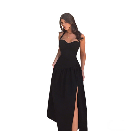 Damen schulterfreies Maxikleid mit raffiniertem Halterneck und fließendem Rock EB