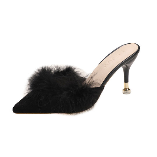 Damen Elegante Mules mit luxuriösen Federn und schickem Absatz EB
