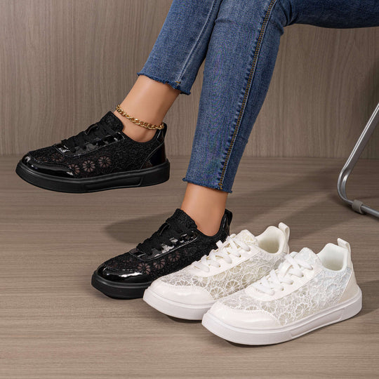 Damen nan eleganter Plateausneaker mit feinem Spitzenbesatz, gepolstertem Fersenkragen und stoßdämpfender EVA-Sohle EB
