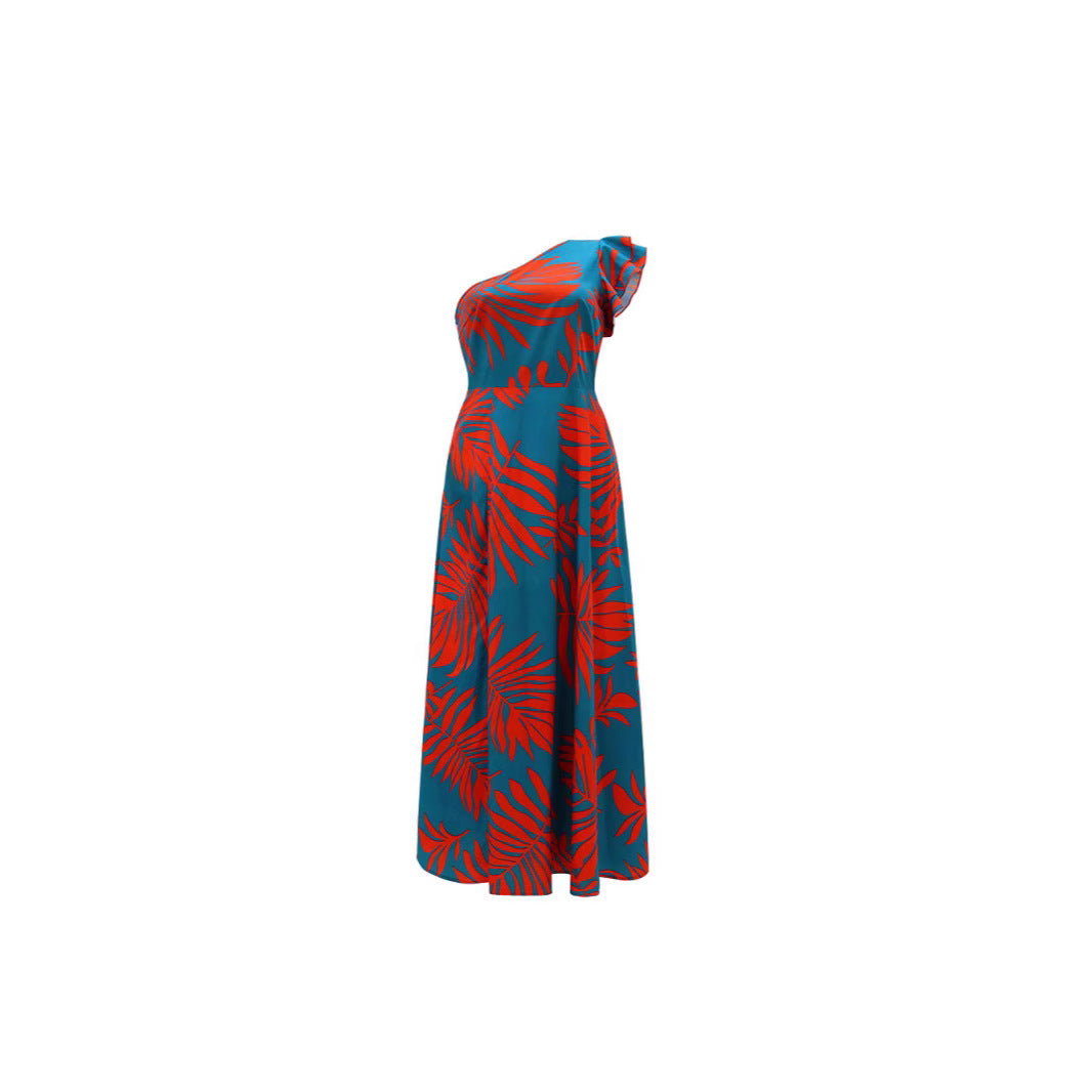 Damen Maxikleid mit asymmetrischen Rüschen und hohem Schlitz EB