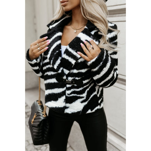 Damen Designer-Fleecejacke mit Leopardenmuster und eleganter Knopfdetail EB
