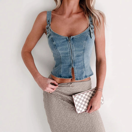 Damen Denim-Corsage mit Reißverschluss und verstellbaren Trägern EB