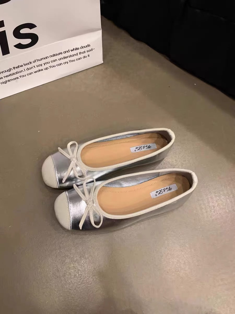 Damen elegante Ballerinas mit schimmerndem Effekt und zierlicher Schleife EB
