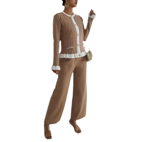 Damen elegantes Strick-Loungewear-Set mit dekorativen Details EB