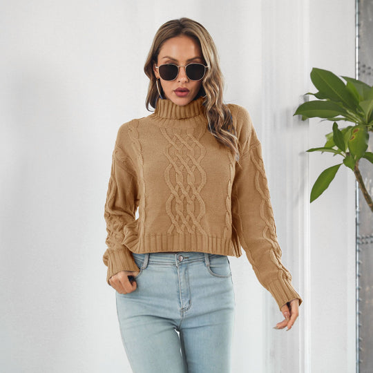 Damen Grobstrickpullover mit hohem Kragen und Zopfmuster EB