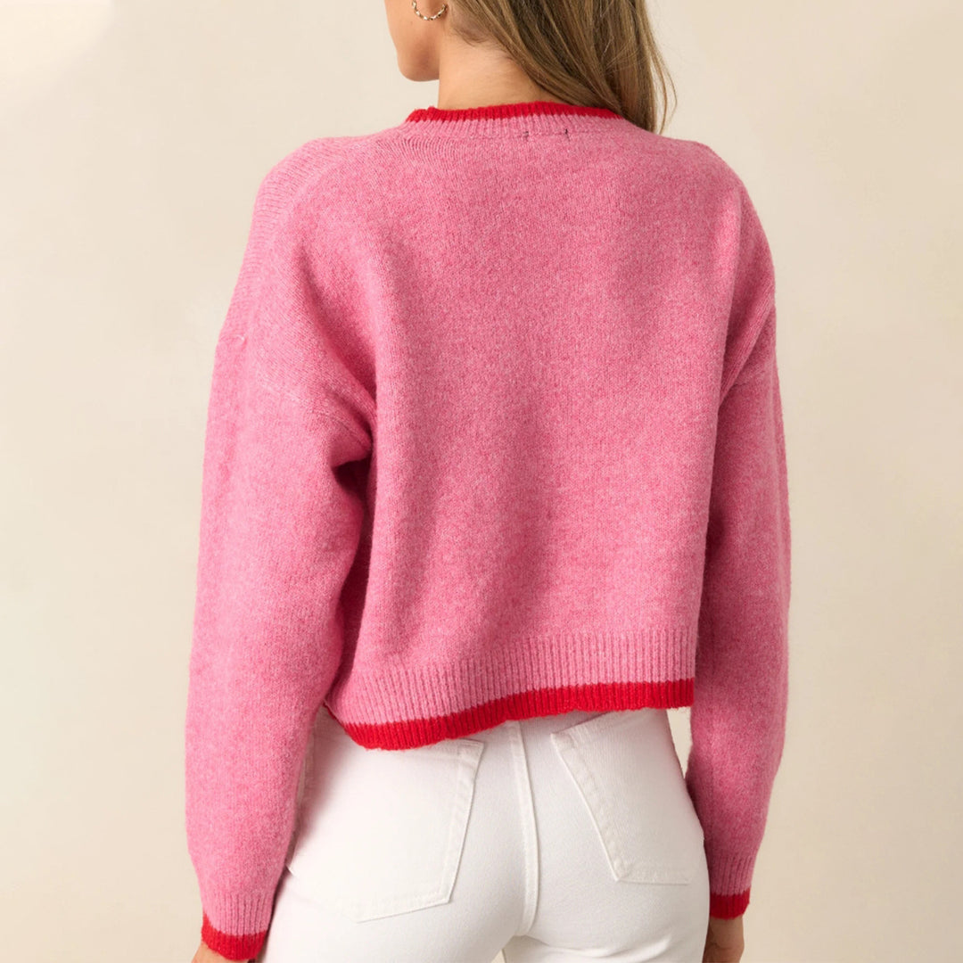 Damen trendiger Pullover mit Erdbeer-Motiv und Kontrastbündchen EB