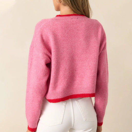 Damen trendiger Pullover mit Erdbeer-Motiv und Kontrastbündchen EB