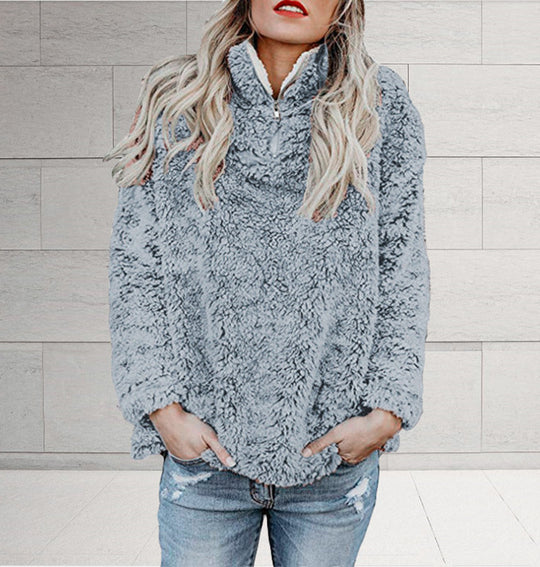 Damen Flauschige Fleece-Pulloverjacke mit hohem Kragen und Reißverschluss EB