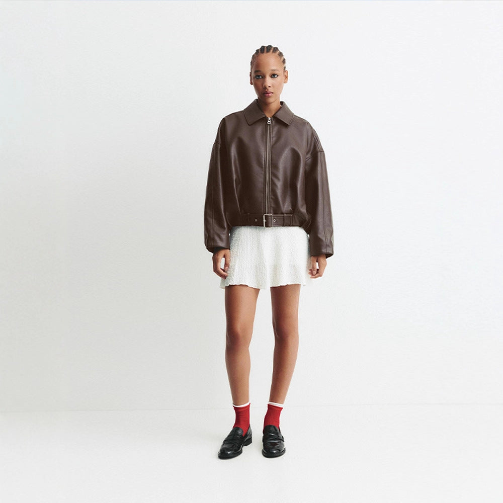 Damen Modische Kunstlederjacke mit weitem Schnitt und Taillengürtel EB