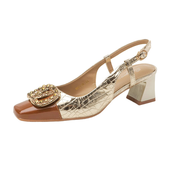 Damen Slingback-Pumps mit luxuriösem Schmuckelement und modischem Blockabsatz EB