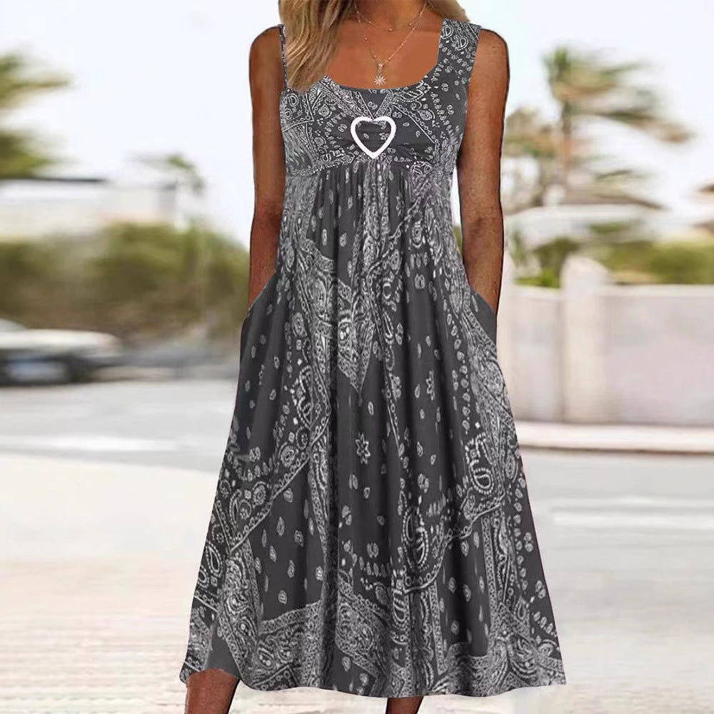 Damen nan luftiges Maxi-Kleid mit Paisley-Bandana-Print, geraffter Empire-Taille und praktischen Seitentaschen EB