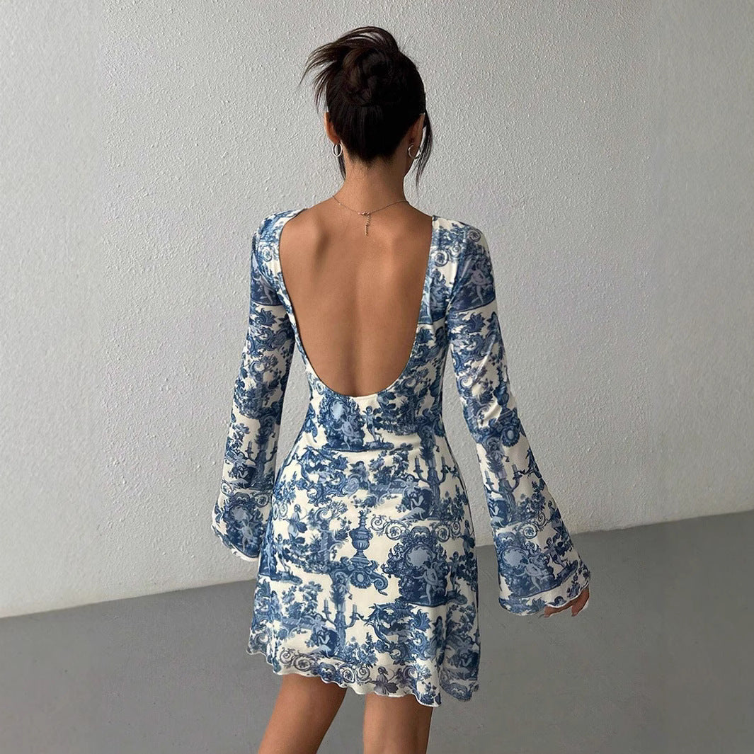 Damen Minikleid mit tiefem Rückenausschnitt und eleganter Printgestaltung EB