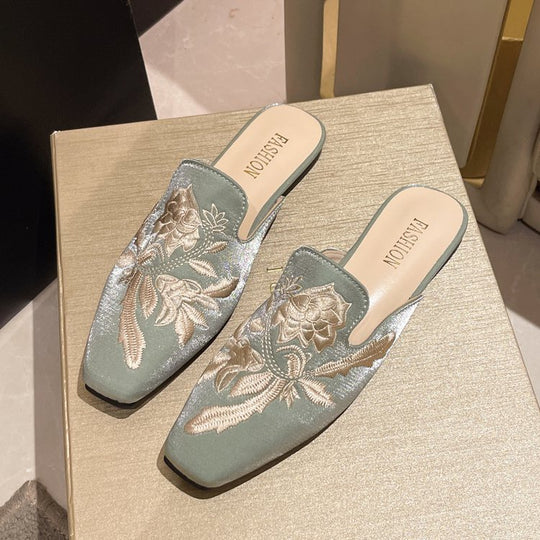 Damen elegante Mules mit floralen Stickereien EB