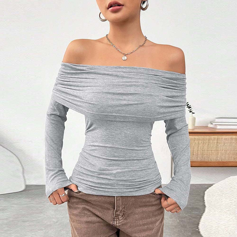 Damen eng anliegendes Off-Shoulder Rippstrick-Longsleeve mit gerafftem Wasserfall-Ausschnitt und Daumenloch Eichborn Berlin
