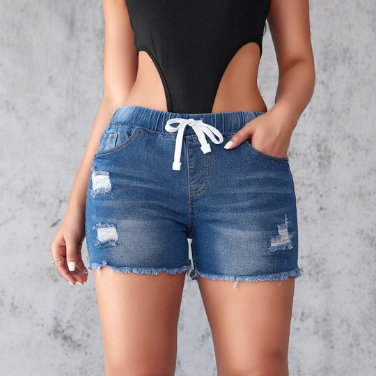 Damen Denim-Shorts mit elastischem Bund und modischen Destroyed-Details EB