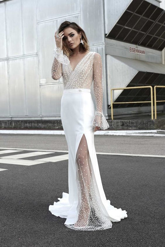Damen Hochgeschlitztes Abendkleid mit transparentem Oberteil und Perlenapplikationen EB