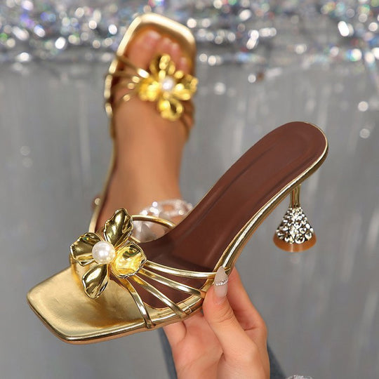Damen Sandaletten mit floralem Design und elegantem Glasklauen-Absatz EB