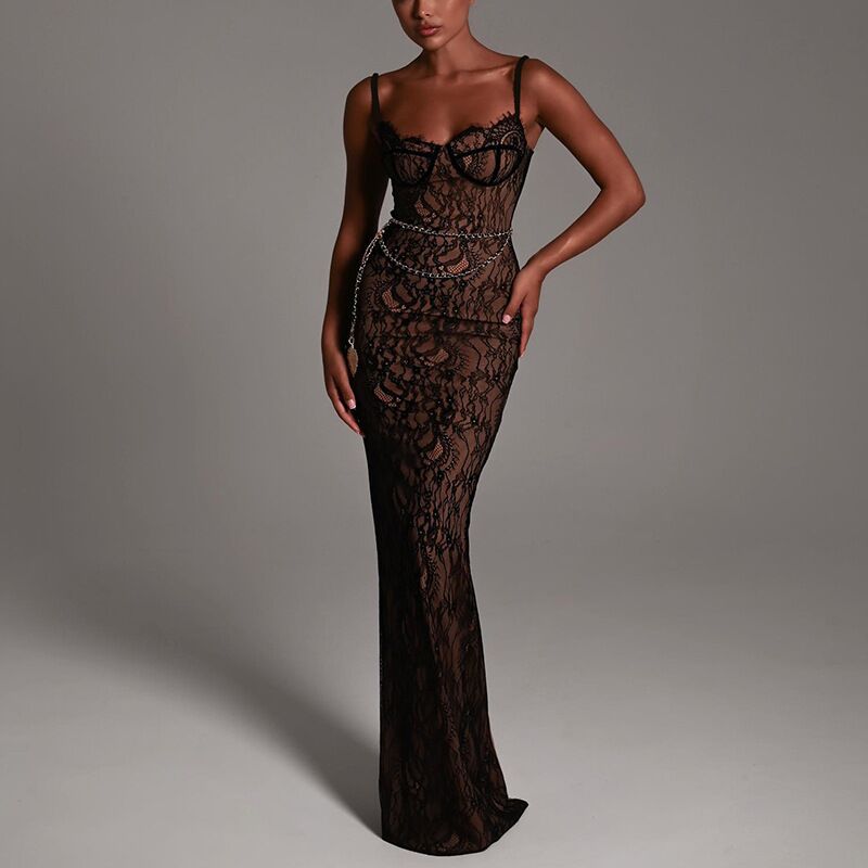 Damen Elegantes Spitzenmaxikleid mit tiefem Ausschnitt und enganliegender Silhouette EB