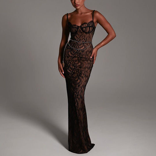 Damen Elegantes Spitzenmaxikleid mit tiefem Ausschnitt und enganliegender Silhouette EB