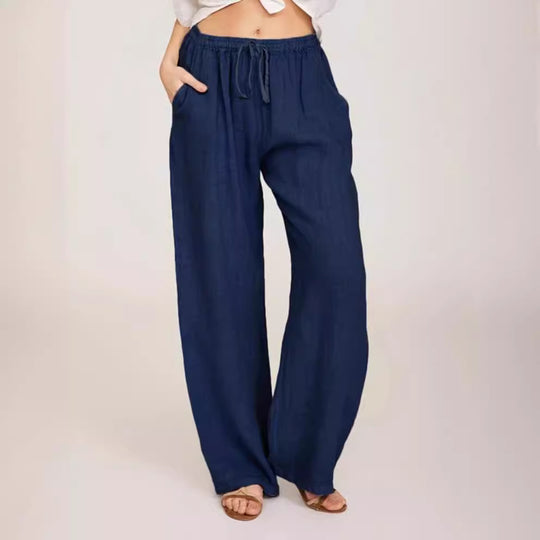 Damen nan luftige Palazzo-Hose mit Tunnelzugbund, elastischem Taillenabschluss und seitlichen Eingrifftaschen EB