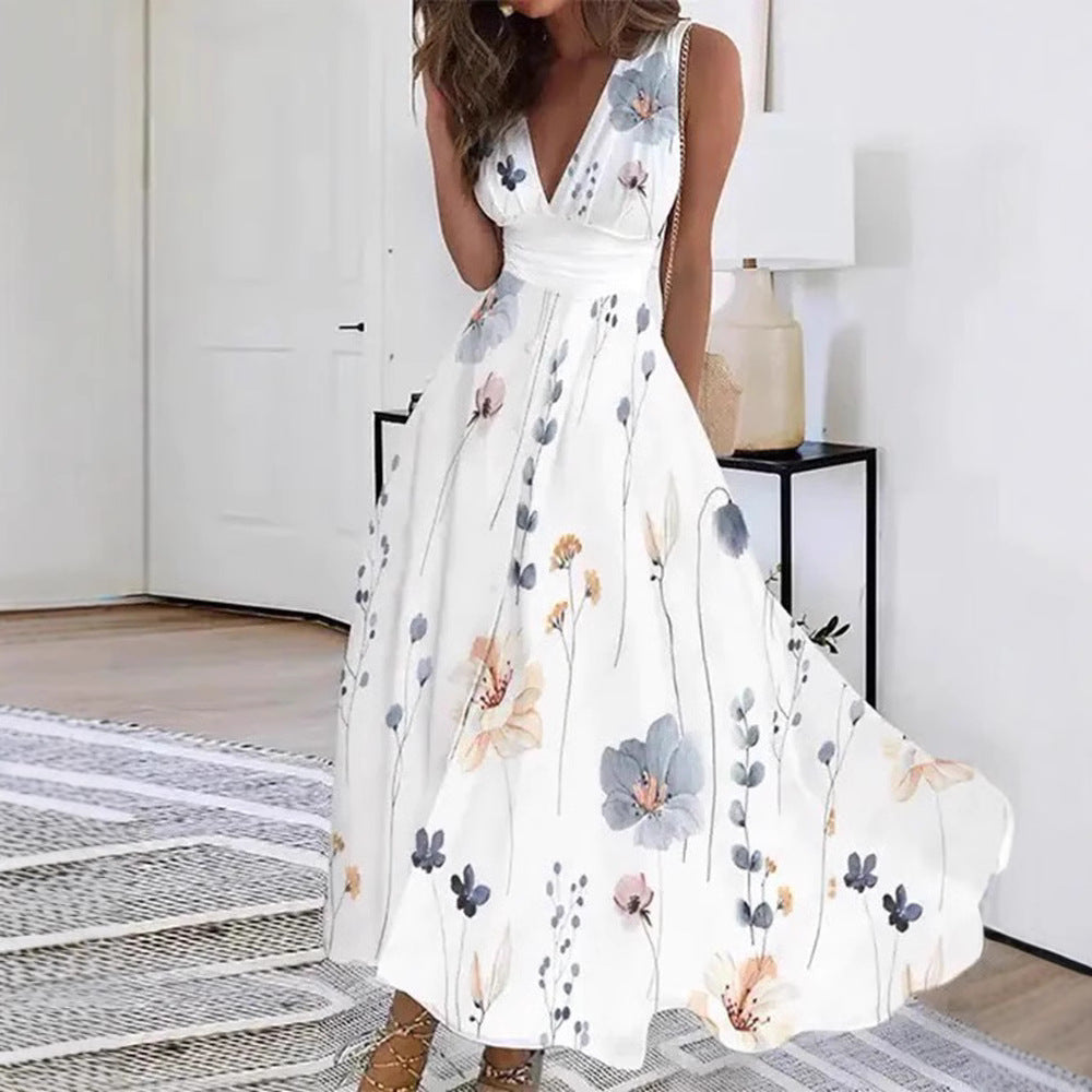 Damen Blumiges A-Linien Maxikleid mit V-Ausschnitt und eleganten Trägern Heidi-Mode