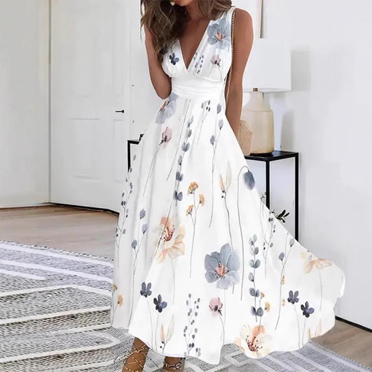 Damen Blumiges A-Linien Maxikleid mit V-Ausschnitt und eleganten Trägern Heidi-Mode