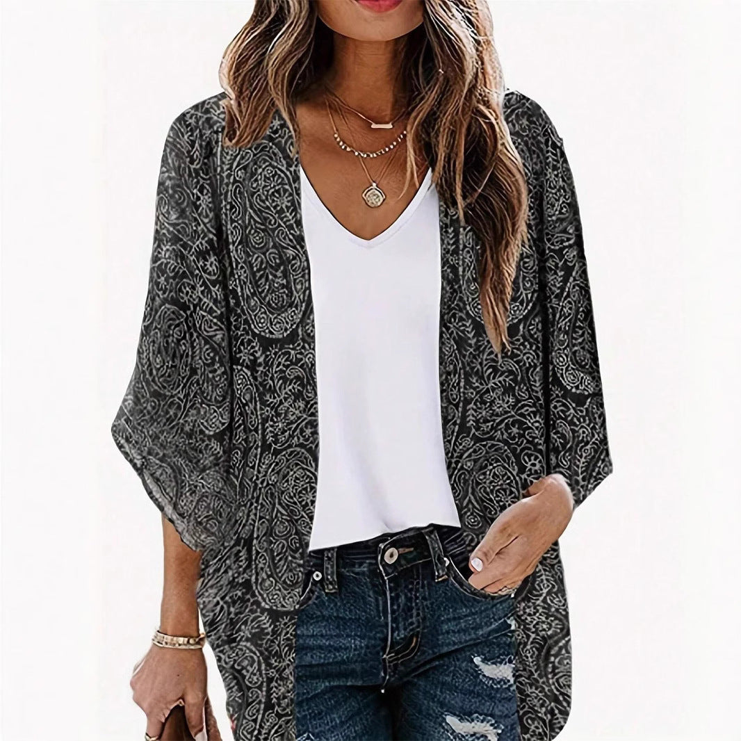 Damen Kimono-Jacke mit trendigem Muster und lockerem Schnitt EB