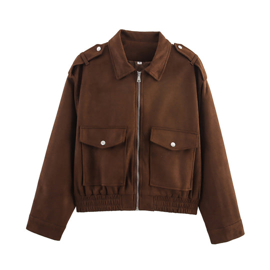 Damen lässige Kunstleder-Bomberjacke mit praktischen Taschen EB