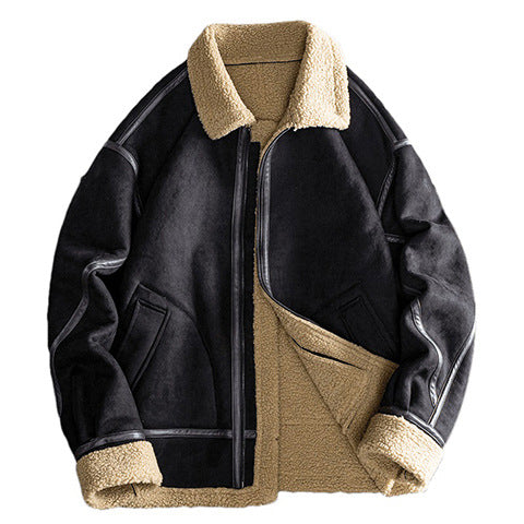 Men's  shearling-style lined suede-effect bomber jacket with leather-effect seam trim EB