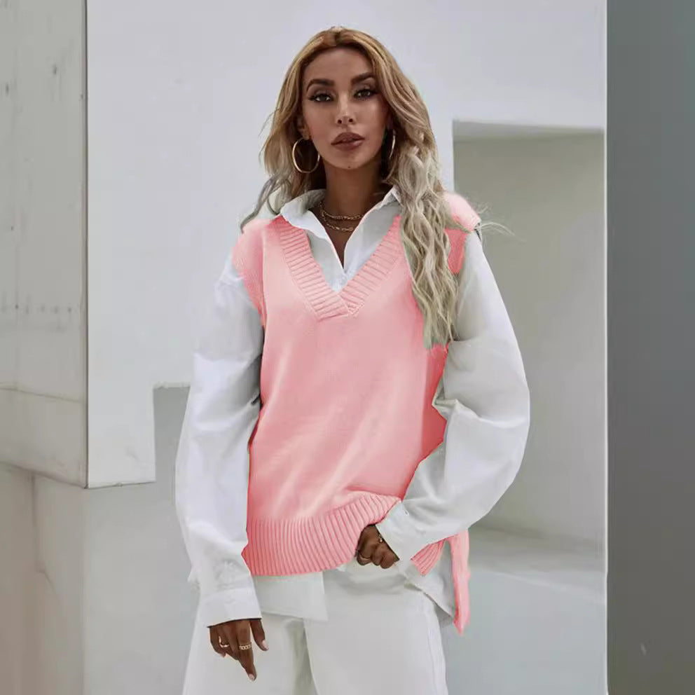 Damen Strickweste mit V-Ausschnitt und breitem Rippdesign EB